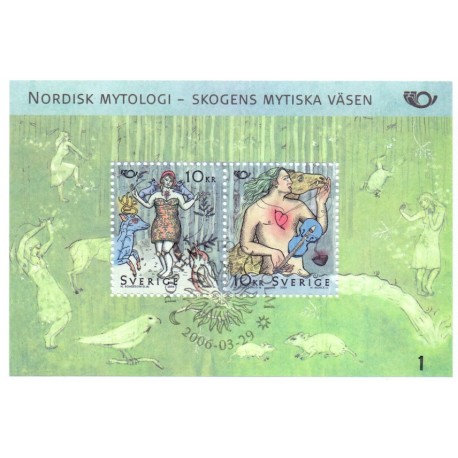 Sverige 2006.Nordisk mytologi II. AFA nr. 2451-52, postfrisk miniark sammentryk stemplet  hæfte FDC parstykkke