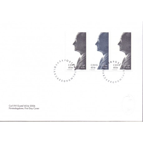 Sverige 2006. Carl Gustav 60 år. AFA nr. 2457-58, postfrisk miniark sammentryk stemplet  hæfte FDC parstykkke