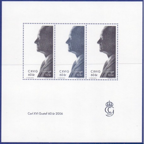 Sverige 2006. Carl Gustav 60 år. AFA nr. 2457-58, postfrisk miniark sammentryk stemplet  hæfte FDC parstykkke