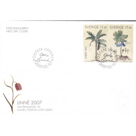 Sverige 2007. Carl von Linnés fødsel. AFA nr. 2516-17, postfrisk miniark sammentryk stemplet  hæfte FDC parstykkke