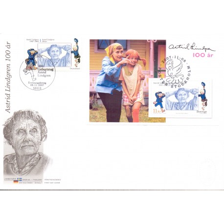 Sverige 2007. Astrid Lindgren. AFA nr. 2552, postfrisk miniark stemplet  hæfte FDC parstykkke