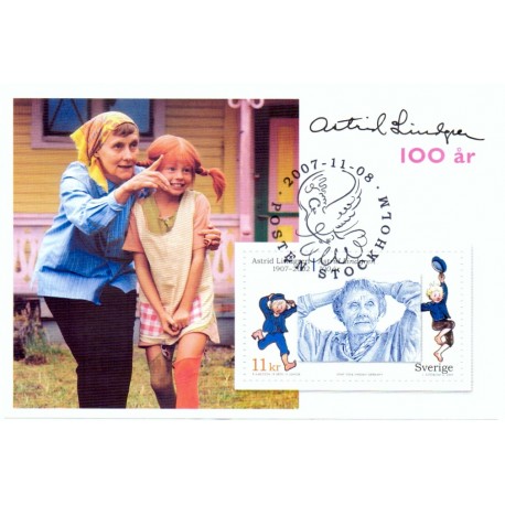 Sverige 2007. Astrid Lindgren. AFA nr. 2552, postfrisk miniark stemplet  hæfte FDC parstykkke