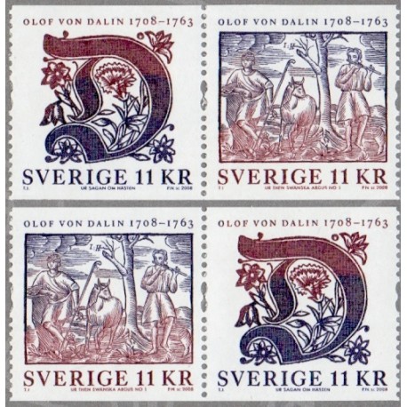 Sverige 2008. Oluf von Dalin. AFA nr. 2563-64, postfriske sammentryk stemplet  hæfte FDC parstykkke