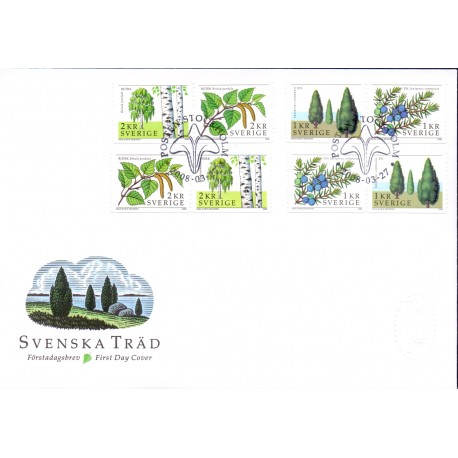 Sverige 2008. Enebær og birk. AFA nr. 2569-72, i postfrisk parstykker stemplet  hæfte FDC parstykkke