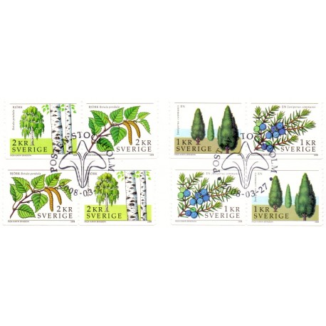 Sverige 2008. Enebær og birk. AFA nr. 2569-72, i postfrisk parstykker stemplet  hæfte FDC parstykkke