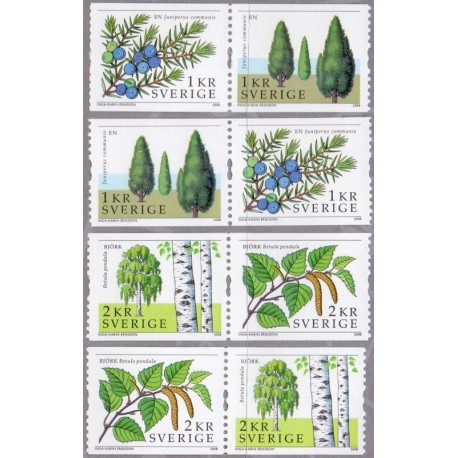 Sverige 2008. Enebær og birk. AFA nr. 2569-72, i postfrisk parstykker stemplet  hæfte FDC parstykkke
