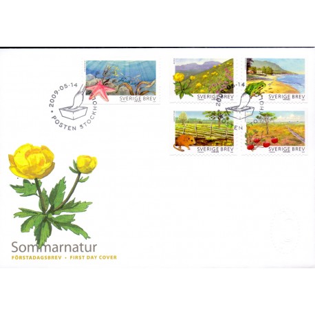 Sverige 2009. Sommernatur. AFA nr. 2644-48, postfrisk stemplet  hæfte FDC parstykkke