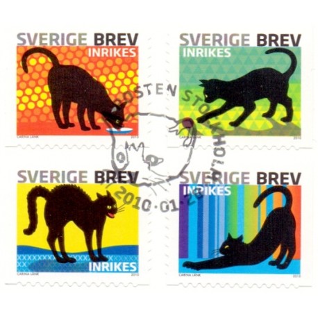 Sverige 2010. Katte. AFA nr. 2678-81 postfrisk  sammentryk stemplet  hæfte FDC parstykkke