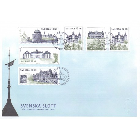 Sverige 2010. Svenske slotte. AFA nr. 2684-88 postfrisk sammentryk stemplet  hæfte FDC parstykkke