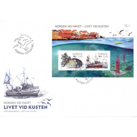 Sverige 2010. Norden ved havet. AFA nr. 2697 postfrisk miniark sammentryk stemplet  hæfte FDC parstykkke