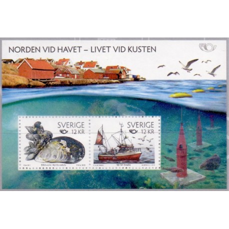 Sverige 2010. Norden ved havet. AFA nr. 2697 postfrisk miniark sammentryk stemplet  hæfte FDC parstykkke