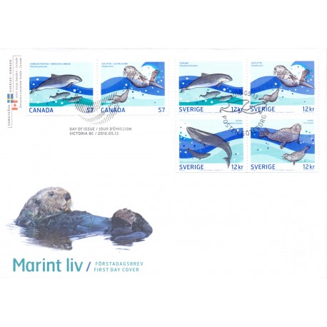 Sverige 2010. Livet i havet. AFA nr. 2709-12 postfrisk sammentryk stemplet  hæfte FDC parstykkke
