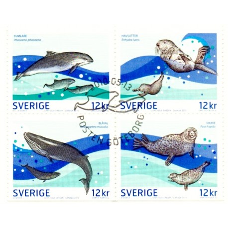 Sverige 2010. Livet i havet. AFA nr. 2709-12 postfriske sammentryk stemplet  hæfte FDC parstykkke