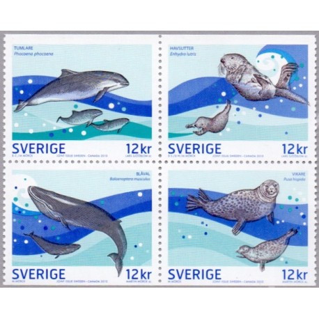 Sverige 2010. Livet i havet. AFA nr. 2709-12 postfrisk sammentryk stemplet  hæfte FDC parstykkke
