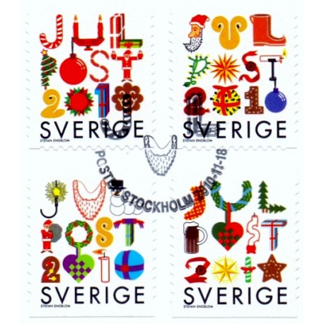 Sverige 2010. Julepynt. AFA nr. 2737-40 postfrisk stemplet  hæfte FDC parstykkke