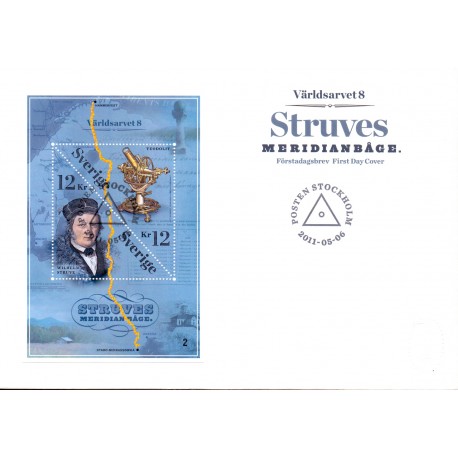 Sverige 2011. Struves merdianbue. AFA nr. 2772 postfrisk miniark stemplet  hæfte FDC parstykkke