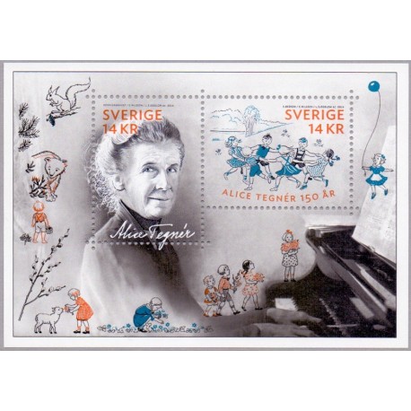 Sverige 2014. Alice Tegnér. AFA nr. 2989 postfrisk miniark stemplet  hæfte FDC parstykkke