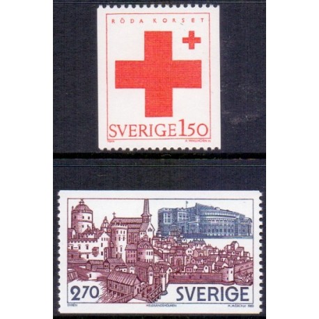 Sverige. 1983. Røde kors, og Rigsdagsbygningen, AFA nr. 1243-44 postfriske  stemplet  hæfte FDC parstykkke SWEDEN