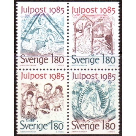 Sverige. 1985. Julefrimærker. AFA nr. 1344-47 postfrisk 4-blok Stemplet hæfte FDC parstykkke SWEDEN **/o