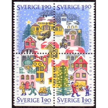 Sverige. 1986. Julefrimærker. AFA nr. 1394-97 postfrisk 4-blok   Stemplet hæfte FDC parstykkke SWEDEN **/o