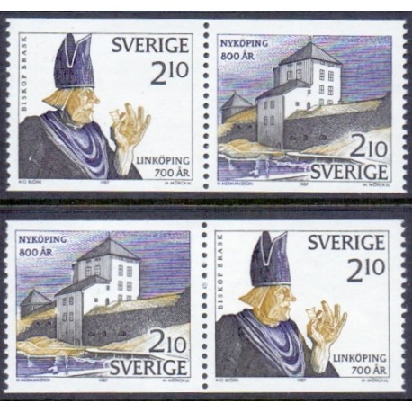 Sverige. 1987. Lindköping 700 år. AFA nr. 1411-12 postfriske parstykker  Stemplet hæfte FDC parstykkke SWEDEN **/o