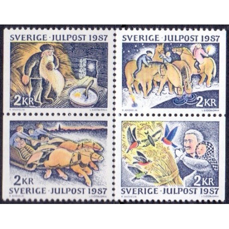 Sverige. 1987. Julefrimærker. AFA nr. 1427-30 postfrisk 4-blok Stemplet hæfte FDC parstykkke SWEDEN **/o