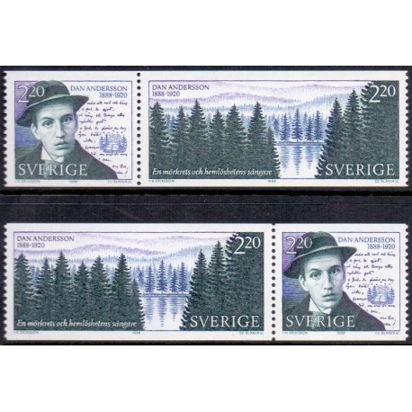 Sverige. 1988. Dan Anderssons fødsel. AFA nr. 1465-66 postfriske parstykker   Stemplet hæfte FDC parstykkke SWEDEN **/o