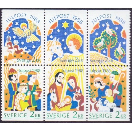 Sverige. 1988. Julefrimærker. AFA nr. 1470-75 postfrisk 6-blok Stemplet hæfte FDC parstykkke SWEDEN **/o