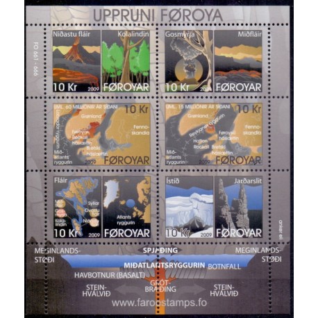 Færøerne 2009. 6x 10,00 Kr. Færøernes oprindelse, miniark  AFA nr. 673 postfrisk stemplet