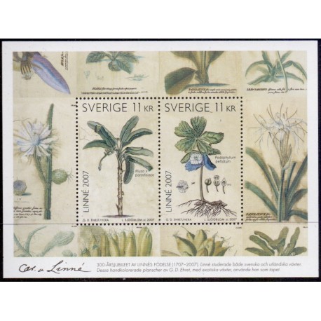 Sverige 2007. Carl von Linnés fødsel. AFA nr. 2516-17, postfrisk miniark sammentryk stemplet  hæfte FDC parstykkke