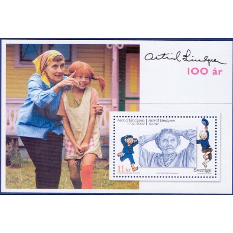 Sverige 2007. Astrid Lindgren. AFA nr. 2552, postfrisk miniark stemplet  hæfte FDC parstykkke
