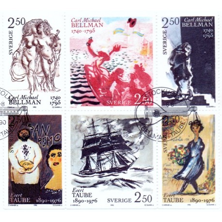 Sverige. 1990. Bellman og Taube. AFA nr. 1560-65 postfrisk sammentryk Stemplet hæfte FDC parstykkke SWEDEN **/o