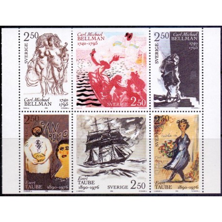 Sverige. 1990. Bellman og Taube. AFA nr. 1560-65 postfrisk sammentryk Stemplet hæfte FDC parstykkke SWEDEN **/o