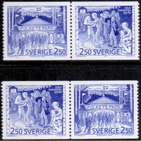 Sverige. 1991. Folkeparker 100 år. AFA nr. 1608-09  postfriske parstykker Stemplet hæfte FDC parstykkke SWEDEN **/o