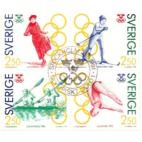 Sverige. 1991. Kvindelige guldmedaljevinder. AFA nr. 1610-13  postfrisk 4-blok Stemplet hæfte FDC parstykkke SWEDEN **/o