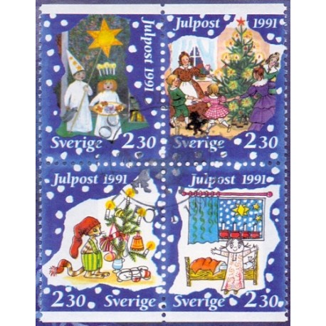 Sverige. 1991. Julefrimærker. AFA nr. 1631-34  postfrisk 4-blok Stemplet hæfte FDC parstykkke SWEDEN **/o