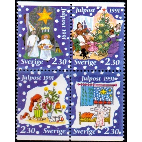 Sverige. 1991. Julefrimærker. AFA nr. 1631-34  postfrisk 4-blok Stemplet hæfte FDC parstykkke SWEDEN **/o
