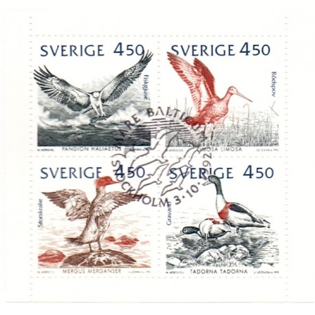 Sverige. 1992. Fugle ved Østersøen. AFA nr. 1672-75 postfrisk sammentryk Stemplet hæfte FDC parstykkke SWEDEN **/o