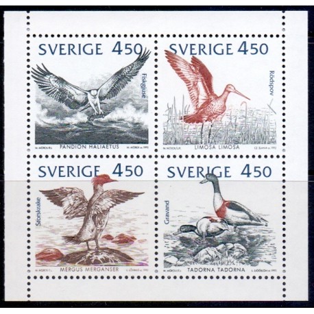 Sverige. 1992. Fugle ved Østersøen. AFA nr. 1672-75 postfrisk sammentryk Stemplet hæfte FDC parstykkke SWEDEN **/o