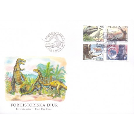 Sverige. 1992. Forhistoriske dyr. AFA nr. 1676-79 postfrisk sammentryk Stemplet hæfte FDC parstykkke SWEDEN **/o