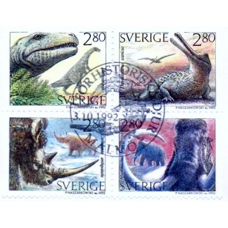 Sverige. 1992. Forhistoriske dyr. AFA nr. 1676-79 postfrisk sammentryk Stemplet hæfte FDC parstykkke SWEDEN **/o