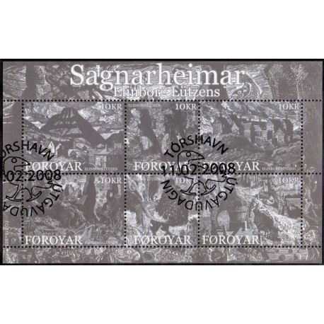 Færøerne 2008. 6x 10,00 Kr. Sagaverdener, miniark. AFA nr. 624 postfrisk stemplet