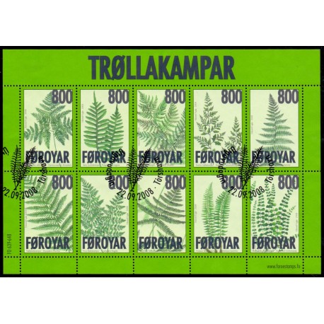 Færøerne 2008. 10x 8,00 Kr. Bregner, miniark. AFA nr. 642-51 stemplet postfrisk