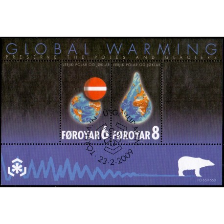 Færøerne 2009. 14,00 Kr. Global opvarming, miniark AFA nr. 666 postfrisk stemplet