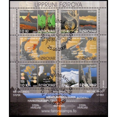 Færøerne 2009. 6x 10,00 Kr. Færøernes oprindelse, miniark  AFA nr. 673 postfrisk stemplet
