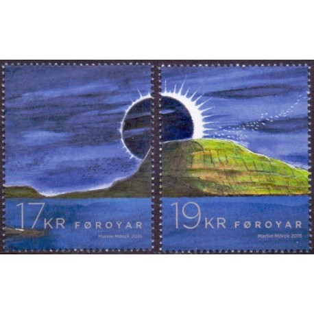 Færøerne 2015. Total Solformørkelse. AFA nr. 827-28 Postfrisk stemplet