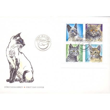 Sverige. 1994. Katte. AFA nr. 1747-50 postfrisk sammentryk Stemplet hæfte FDC parstykkke SWEDEN **/o
