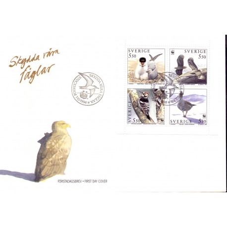Sverige. 1994. Vilde fugle. AFA nr. 1776-79 postfrisk 4-blok Stemplet hæfte FDC parstykkke SWEDEN **/o