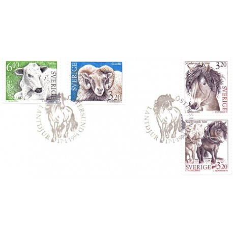 Sverige. 1994. Landdyr. AFA nr. 1734-37 postfrisk  Stemplet hæfte FDC parstykkke SWEDEN **/o