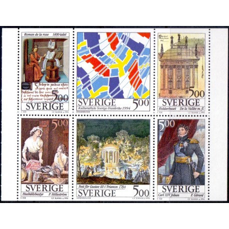 Sverige. 1994. Svensk-Fransk kultur. AFA nr. 1741-46 postfrisk sammentryk Stemplet hæfte FDC parstykkke SWEDEN **/o